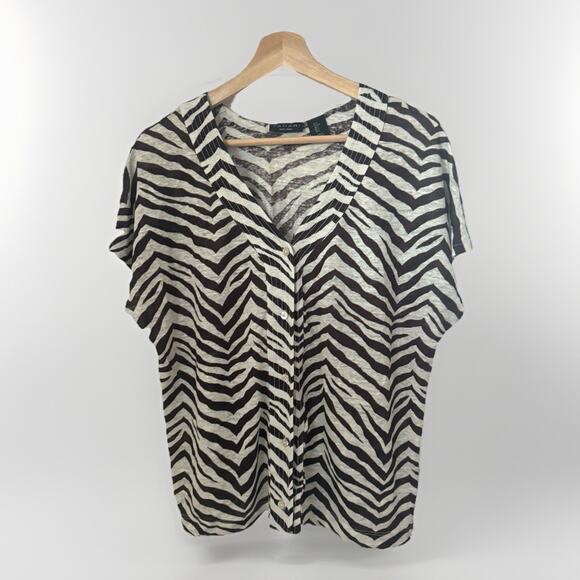 Tahari 100% Linen V-Neck Buttoned Brown Zebra Animal Print Beachy Airy Top Lg - Picture 1 of 5